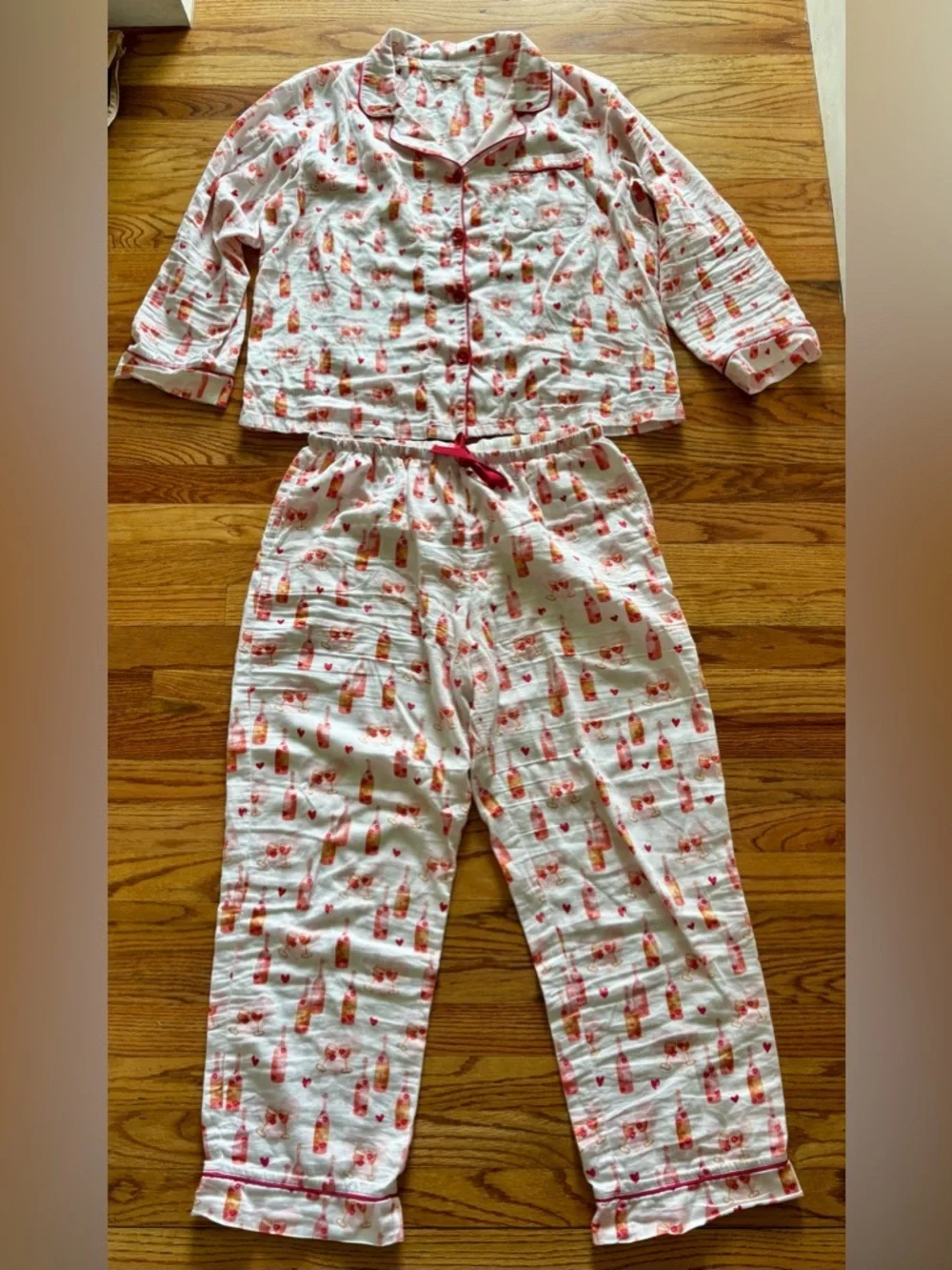 BedHead Be Mine Pajama Set with Pink Coral Hearts and Champagne Bottle Motif